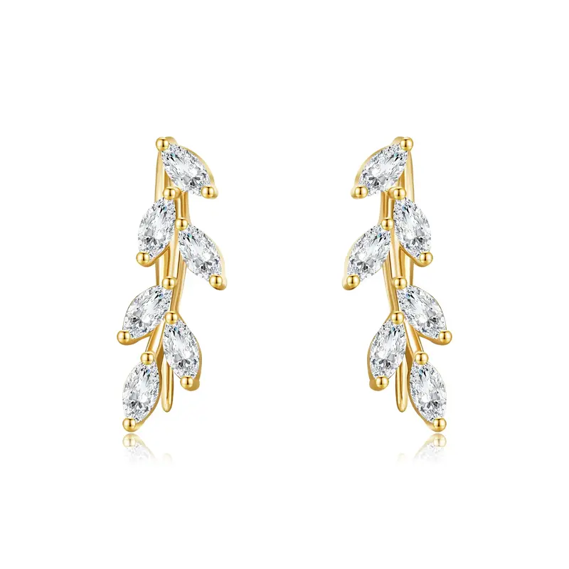 14K Gold Marquise Shaped Cubic Zirconia Leaves Climber Earrings