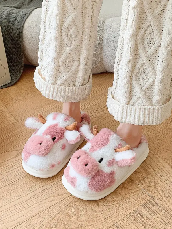 Women's Cute Cow Design Plush Slippers,  Cow Slippers, Casual Soft Comfortable Home Slippers, Fluffy Fall & Winter House Shoe...