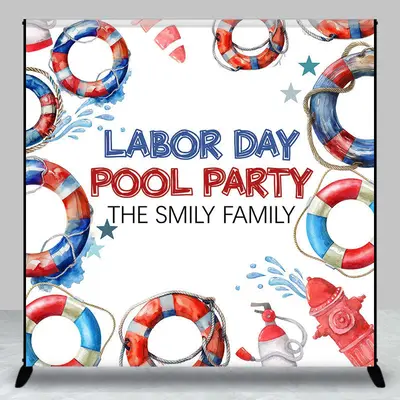 Custom Name Lifebuoy Labor Day Pool Party Backdrop