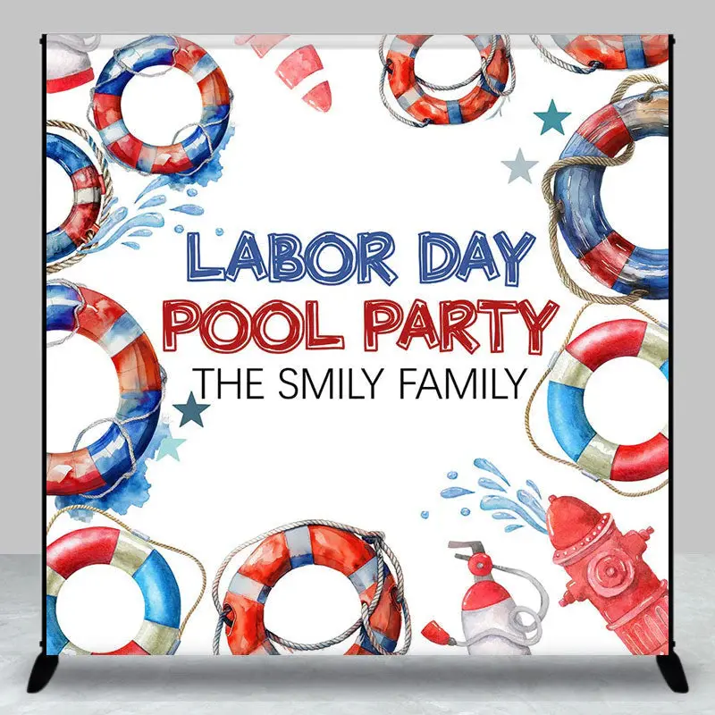 Custom Name Lifebuoy Labor Day Pool Party Backdrop