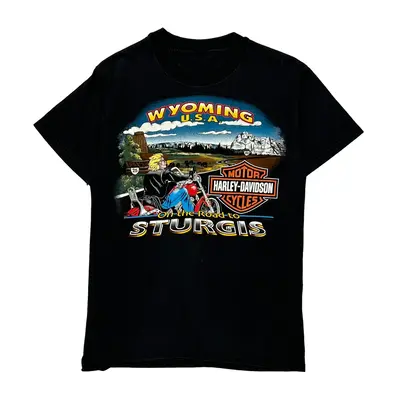 Wyoming U.S.A. Harley Davidson Graphic T-Shirt - Small Black Cotton