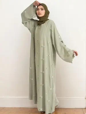 Women's Embroidery Zipper Abaya without Hijab, Elegant Long Sleeve Round Neck Abaya for Party, Ladies Islamic Clothing for A...