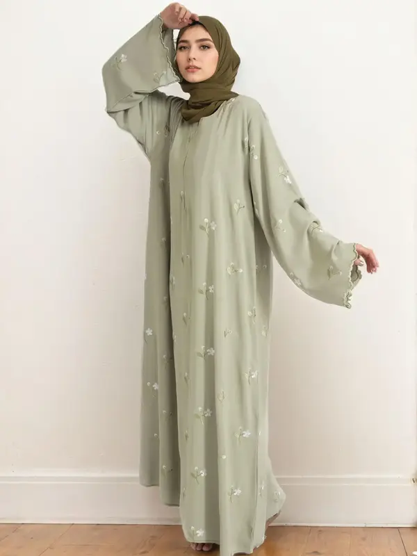 Women's Embroidery Zipper Abaya without Hijab, Elegant Long Sleeve Round Neck Abaya for Party, Ladies Islamic Clothing for A...