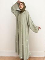 Women's Embroidery Zipper Abaya without Hijab, Elegant Long Sleeve Round Neck Floral Print Abaya for Party, Ladies Islamic Cl...