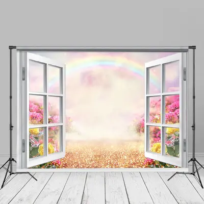White Window Floral Rainbow Spring Photo Backdrop - Aperturee