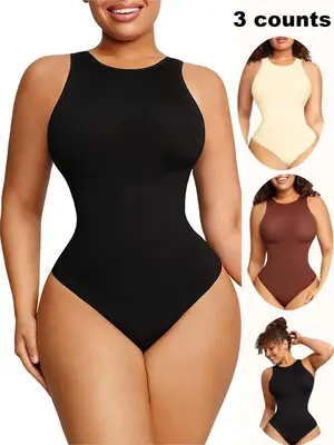Women's Solid Round Neck Shapewear Bodysuit, Casual Sleeveless Tummy Control Bodysuit for Daily Wear, Women's Shapewear Cloth...