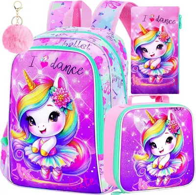 3PCS Unicorn Backpack for Girls, 16'' Kids Preschool Bookbag Set, Cute Water Resistant School Backpacks with Lunch Box for El...