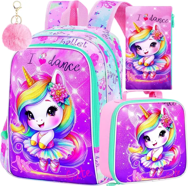 3PCS Unicorn Backpack for Girls, 16'' Kids Preschool Bookbag Set, Cute Water Resistant School Backpacks with Lunch Box for El...