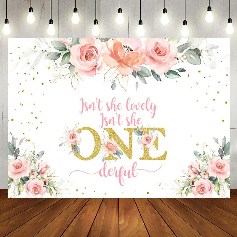 Aperturee Glitter Golden Pink Flowers Onederful Backdrop