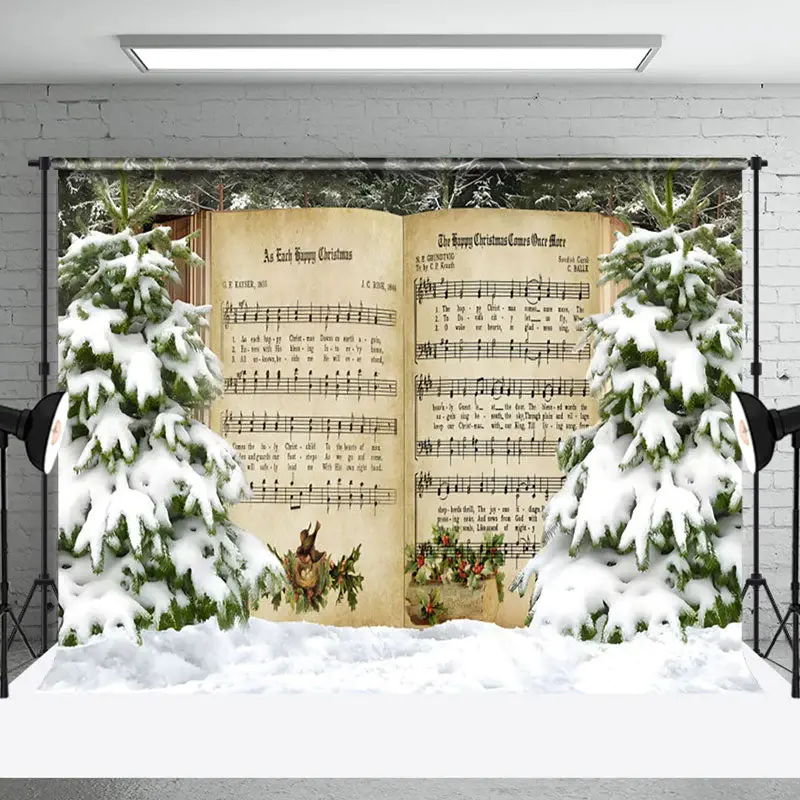 Aperturee Music Book Snow Forest Winter Photography Backdrop