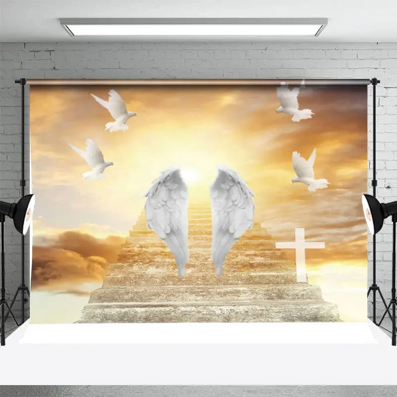Grey Stair White Pigeon Wing Cross Memorial Backdrop - Aperturee