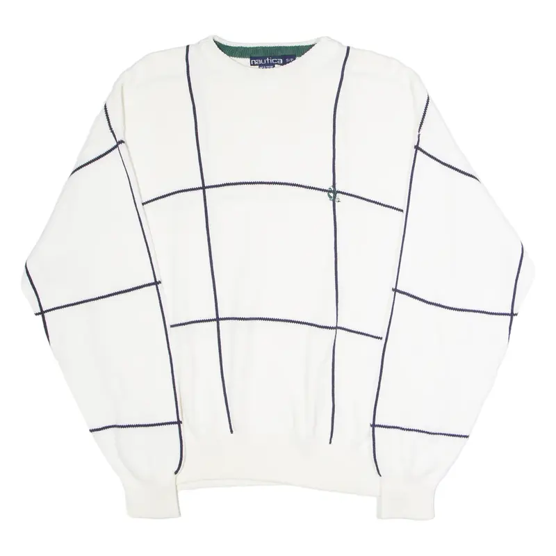 NAUTICA Mens Patterned Jumper White Check Crew Neck 90s Tight Knit S