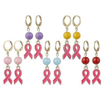 October Breast Cancer Pink Awareness Ribbon Alloy Enamel Leverback Earrings