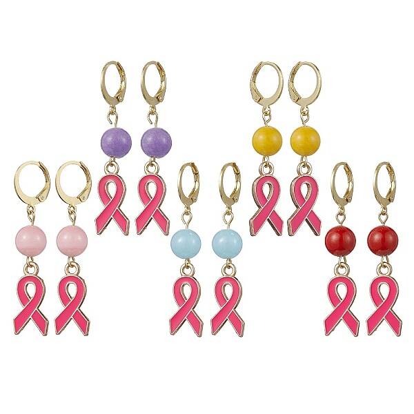 October Breast Cancer Pink Awareness Ribbon Alloy Enamel Leverback Earrings
