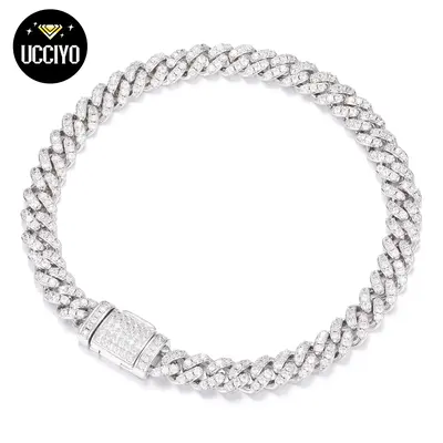 【#B26】UCCIYO 8mm Hip Hop Rock Solid 925 Sterling Silver Created Synthetic Moissanite Cuban Bracelets For Men Women Fine J...