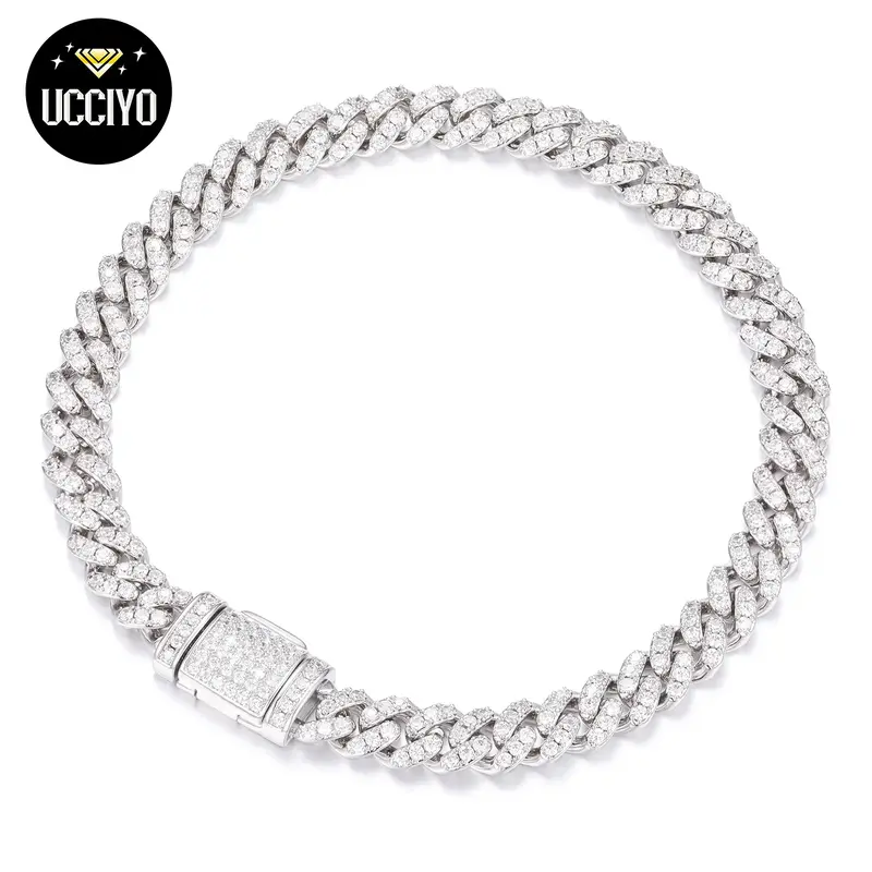【#B26】UCCIYO 8mm Hip Hop Rock Solid 925 Sterling Silver Created Synthetic Moissanite Cuban Bracelets For Men Women Fine J...