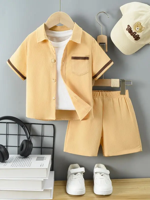Two-piece Set Boy's Button Front Pocket Shirt & Shorts without Shoes, Casual Short Sleeve Top & Shorts for Summer, Kids Cloth...