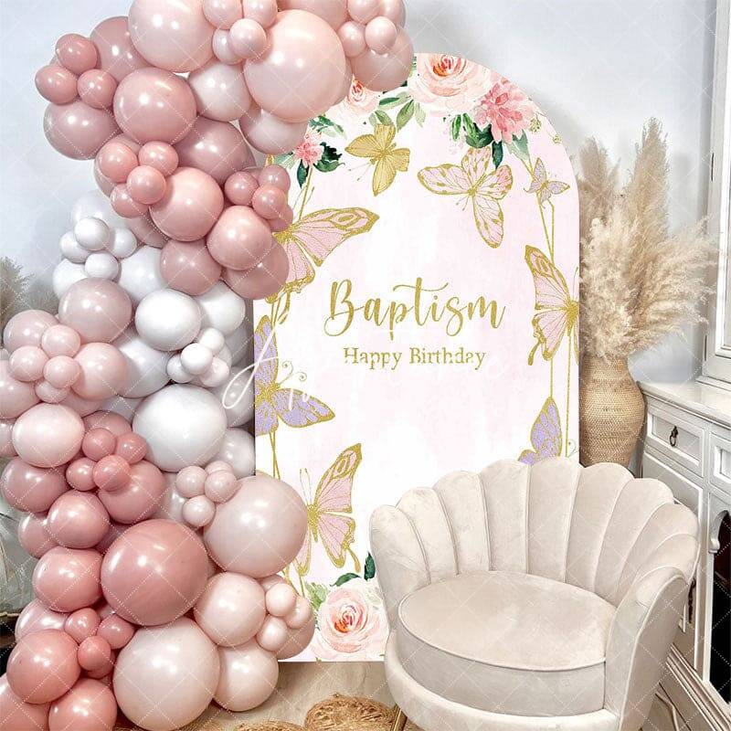 Pink Butterfly Baptism Happy Birthday Arch Backdrop