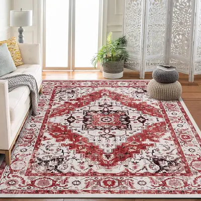Garvee Ultra Soft Non-Slip Vintage Boho Medallion Area Rug – Mark Resistant Low Pile Carpet, Machine Washable, For Living R...