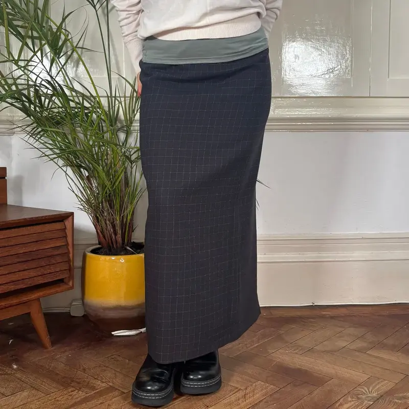 Il Collage Checked Maxi Skirt - 27W UK 8 Grey Virgin Wool