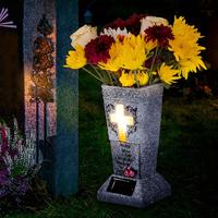 SENMEO Solar Powered LED Light-Up Grave Vase, Resin Garden Style Memorial Gravestone Decor, Family Theme Headstone Floral Hol...