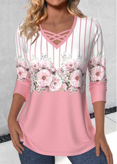 Modlily Pink Criss Cross Floral Print Long Sleeve T Shirt - M