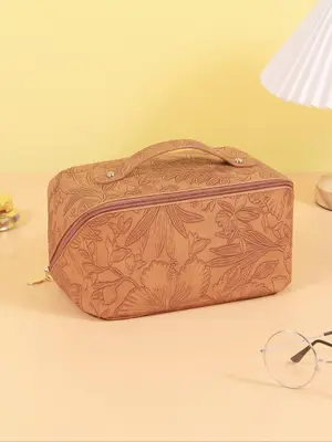 Solid Color Floral Embossed Makeup Bag, Large Capacity Multi-functional Retro Style Cosmetic Bag, Women's Handbag