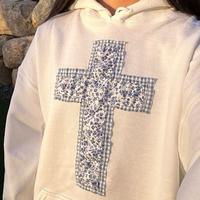 Cross Patchwork Hoodie - Stylish hoodie with Unique Floral and Gingham Design gildan shirt Oversized Casual Sweatshirt Womens...