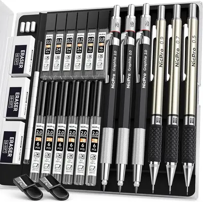 Nicpro 2.0 mm Art Mechanical Pencil Set, Metal Drafting Pencils, Graphite Lead Holder for Writing, Sketching Drawing with Le...