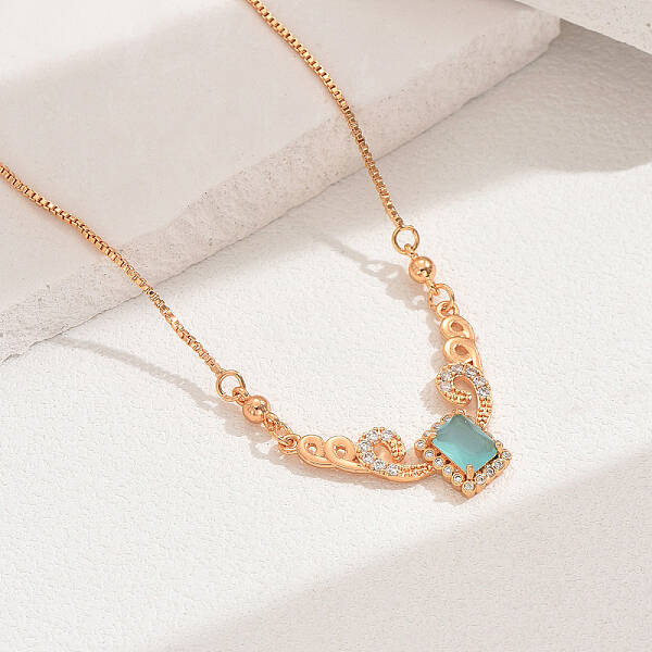 Elegant Vintage Brass Pave Cubic Zirconia Women's Rectangle Pendant Necklaces