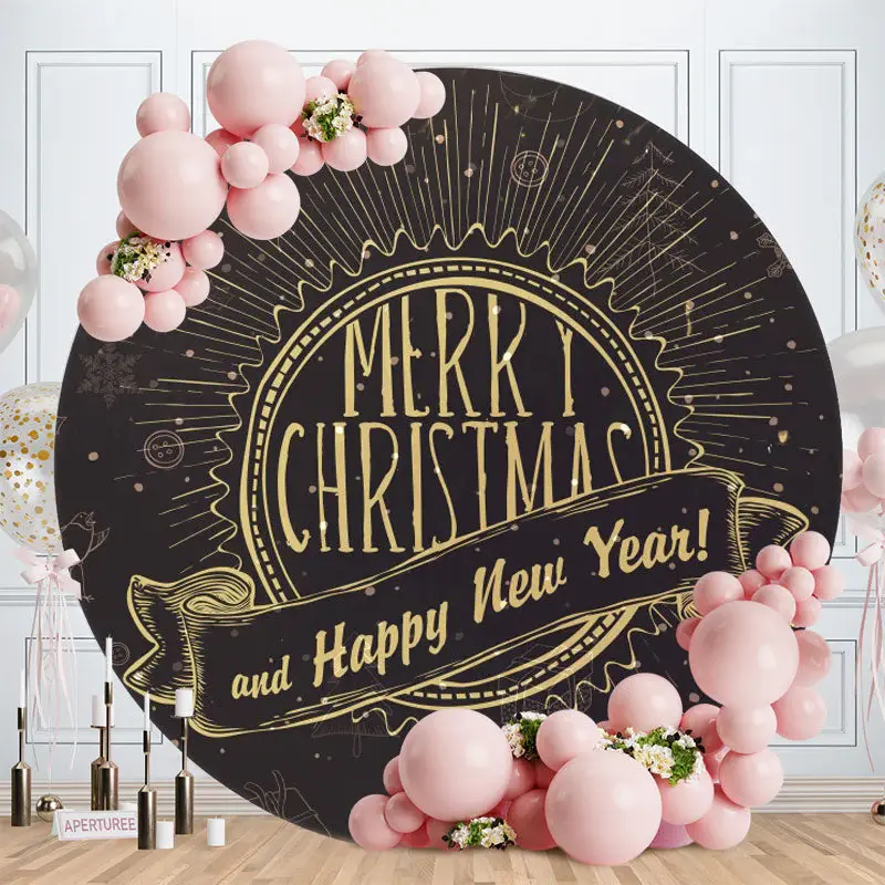 Black And Gold Round Christmas New Yaer Backdrop - Aperturee