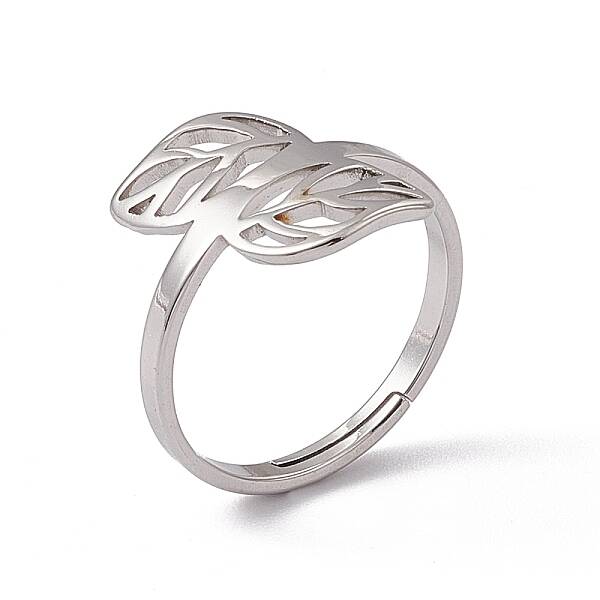 Non-Tarnish 201 Stainless Steel Hollow Out Leaf Adjustable Ring for Women