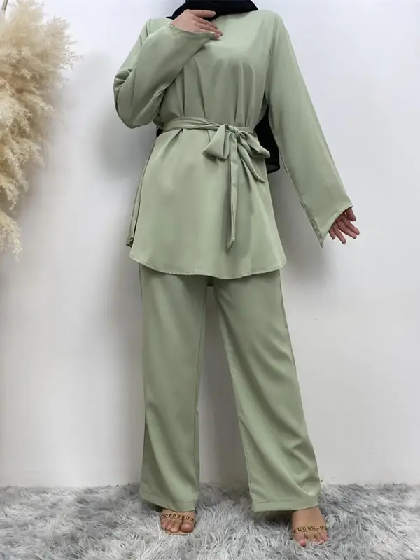 Women's Solid Color Top with Belt & Pants Set, Casual Long Sleeve Top & Trousers for Daily Wear, Ladies Two-piece Outfits fo...