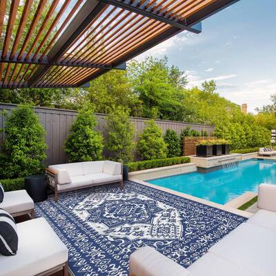 Garvee Outdoor Navy Blue & White 10x20 Waterproof Reversible Rug – UV-Resistant Plastic Straw Mat with Carry Bag, Foldable ...