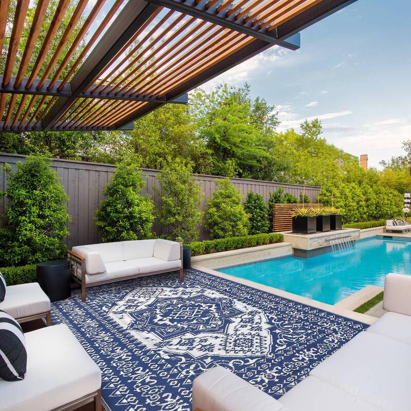 Garvee Outdoor Navy Blue & White 10x20 Waterproof Reversible Rug – UV-Resistant Plastic Straw Mat with Carry Bag, Foldable ...