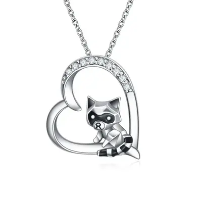 Sterling Silver Cubic Zirconia Raccoon & Heart Pendant Necklace