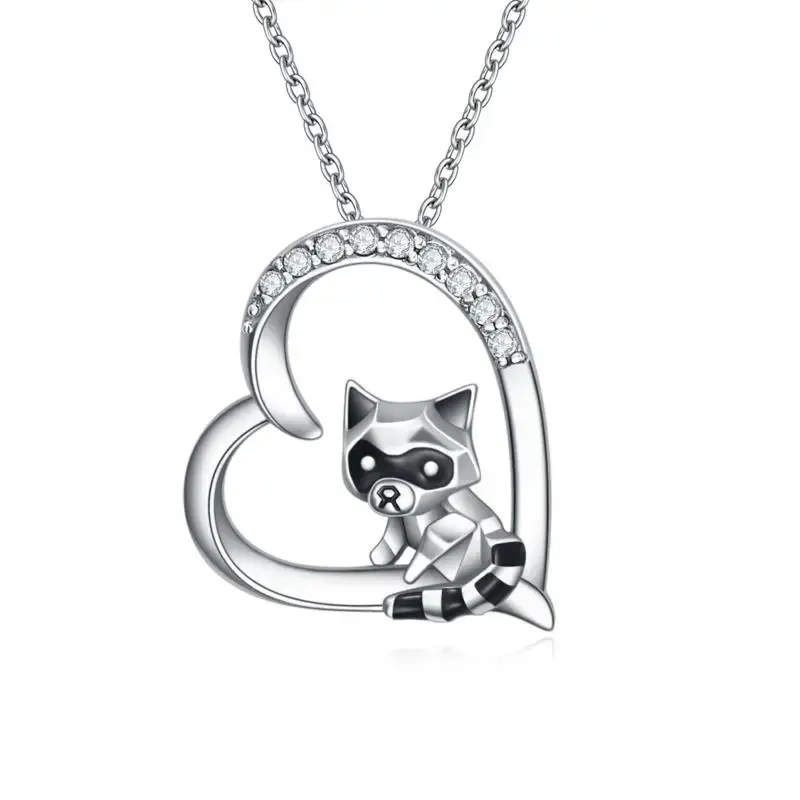 Sterling Silver Cubic Zirconia Raccoon & Heart Pendant Necklace