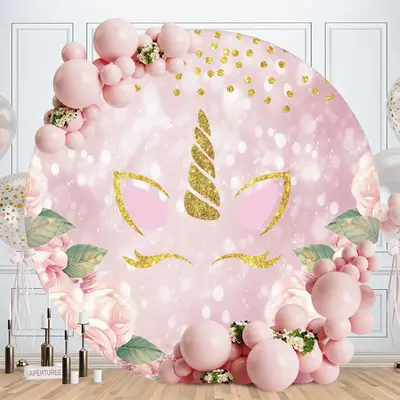 Aperturee Pink Floral Gold Glitter Unicorn Round Backdrops for Girl