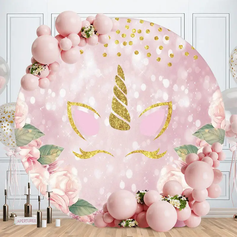Aperturee Pink Floral Gold Glitter Unicorn Round Backdrops for Girl