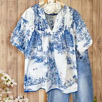 SageVell Delicate Architectural Prints Blouse Vintage-Style Top,Multi-Layer Ruffles,V-Neck Puff Sleeve Top