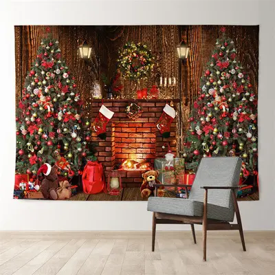 Aperturee Red Theme Tree Fireplace Gifts Christmas Backdrop