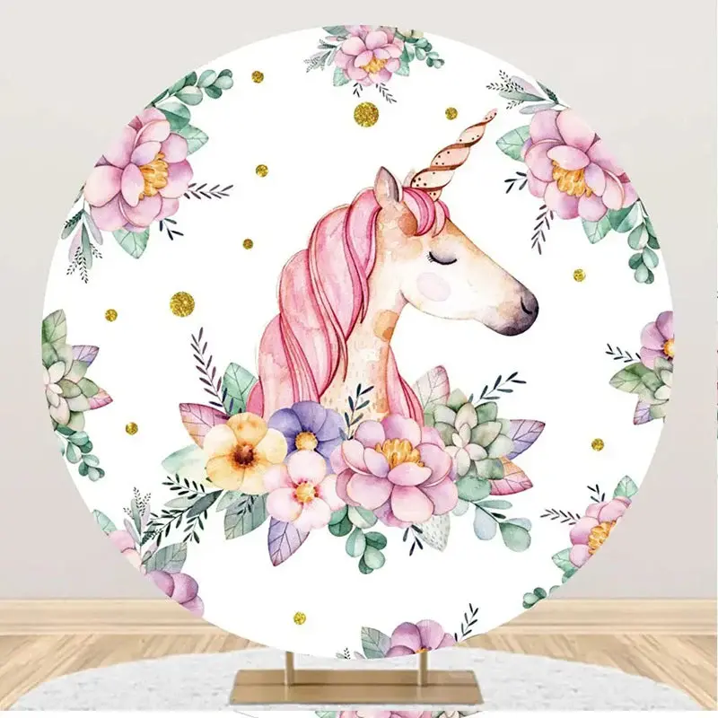 Unicorn Floral Leaves White Round Birthday Backdrop - Aperturee