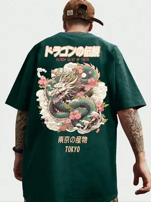 Men's Dragon & Letter Print Drop Shoulder Tee, Summer Clothes, Regular Fit Casual Soft Comfy Round Neck Half Sleeve T-shirt ...