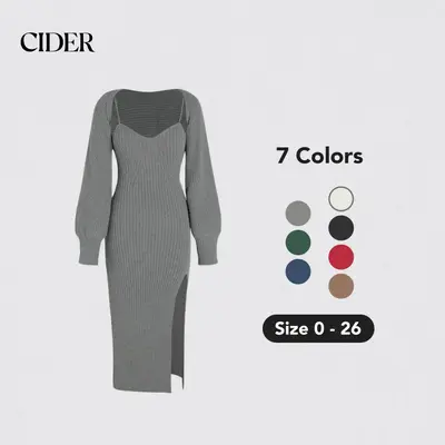 Cider [7 colors, Size 0-26] 2-Piece Set Sweater Dress, Stretchy and Hugs Your Figure, Fits Like Glove, Elegant Fashion Cozy O...