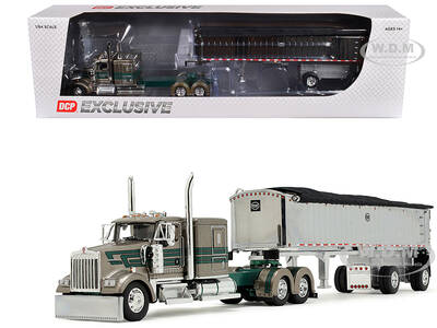 Kenworth W900L with 60 Flat Top Sleeper and MAC Coal End Dump Trailer D&D Hauling & Excavating Tan Metallic with Green Stripe...