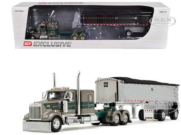 Kenworth W900L with 60 Flat Top Sleeper and MAC Coal End Dump Trailer D&D Hauling & Excavating Tan Metallic with Green Stripe...