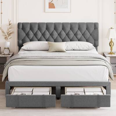 Garvee King Size Bed Frame + Storage Drawers + Adjustable Tufted Headboard + Wooden Slats Support + No Box Spring Needed + Ve...