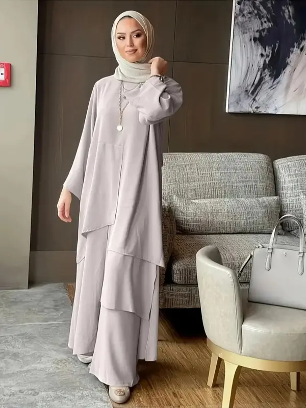 Muslim Women Round Neck Long Robe Set with Wide Leg Pants, Abayas Middle Eastern Two-Piece, Modest Clothing for Daily Wear, A...