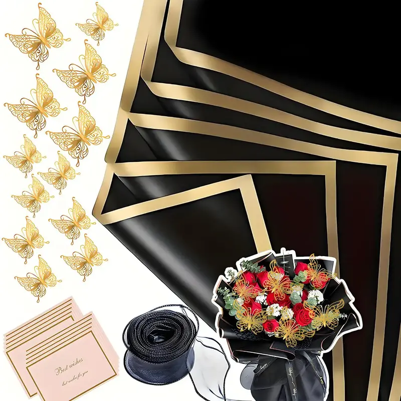 Golden Edge Flower Wrapping Plastic Paper, Waterproof Floral Packaging Film, Bouquet Wrapping Supplies For Home Party Wedding...