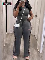 Women's Letter Embroidery Fringe Trim Sweatpants Two-piece Set, Fall Outfits, Casual Street Short Sleeve T-shirt & Tie Front ...